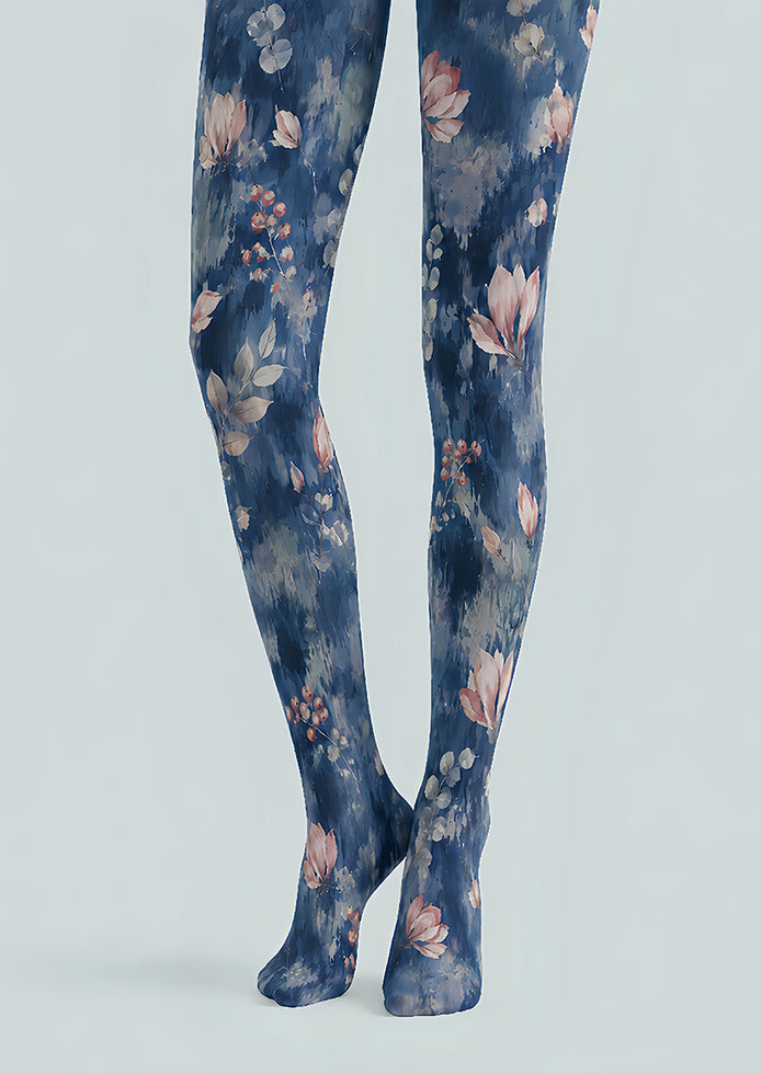 Dusty Blue Botanical Tights Floral Print Hosiery H68-83