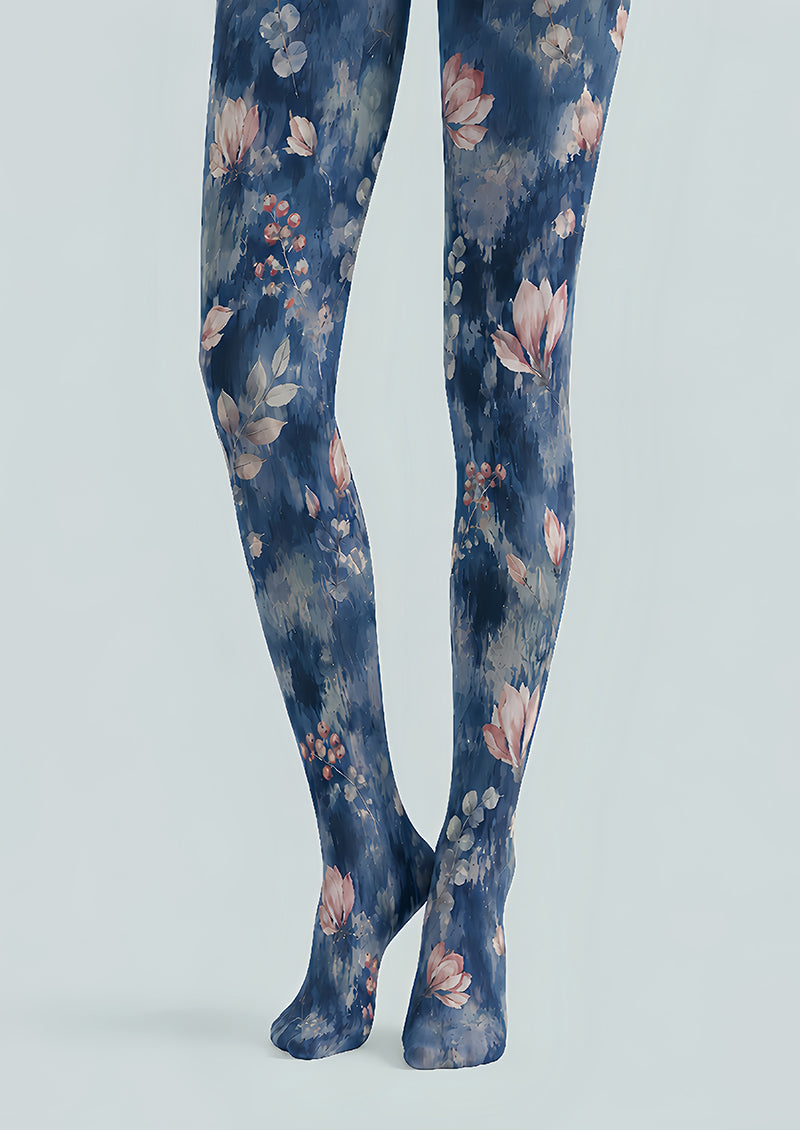 Dusty Blue Botanical Tights Floral Print Hosiery H68-83