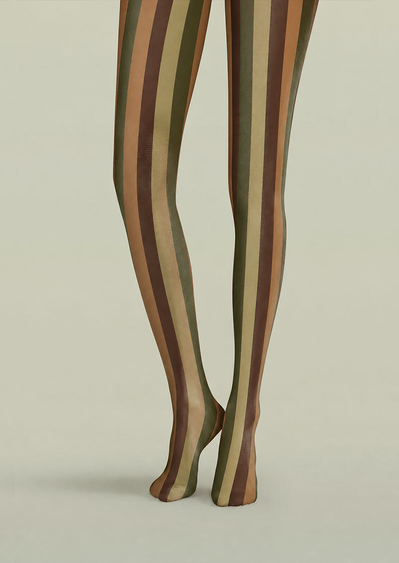 Vintage Autumn Brown Green Striped Pantyhose Tights H68-9