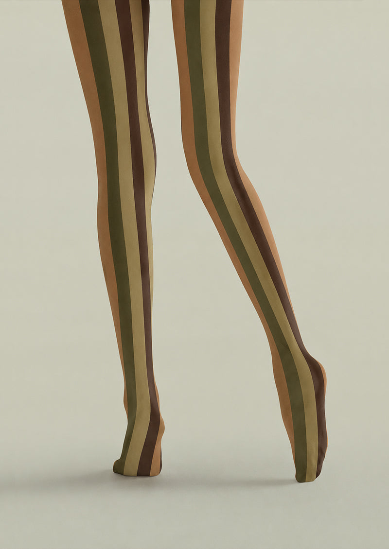 Vintage Autumn Brown Green Striped Pantyhose Tights H68-9