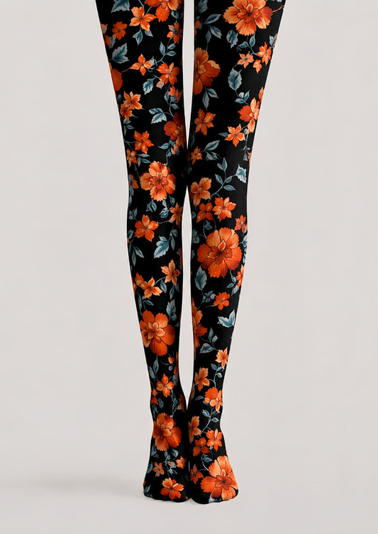Black Botanical Floral Tights Hosiery Pantyhose H68-91