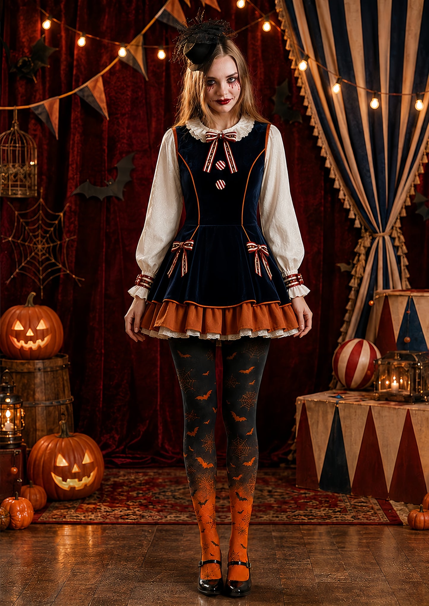 Black Orange Bat Tights Hosiery Halloween Pantyhose H68-94