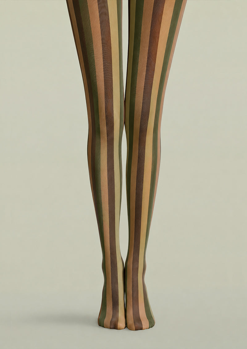 Vintage Autumn Brown Green Striped Pantyhose Tights H68-9