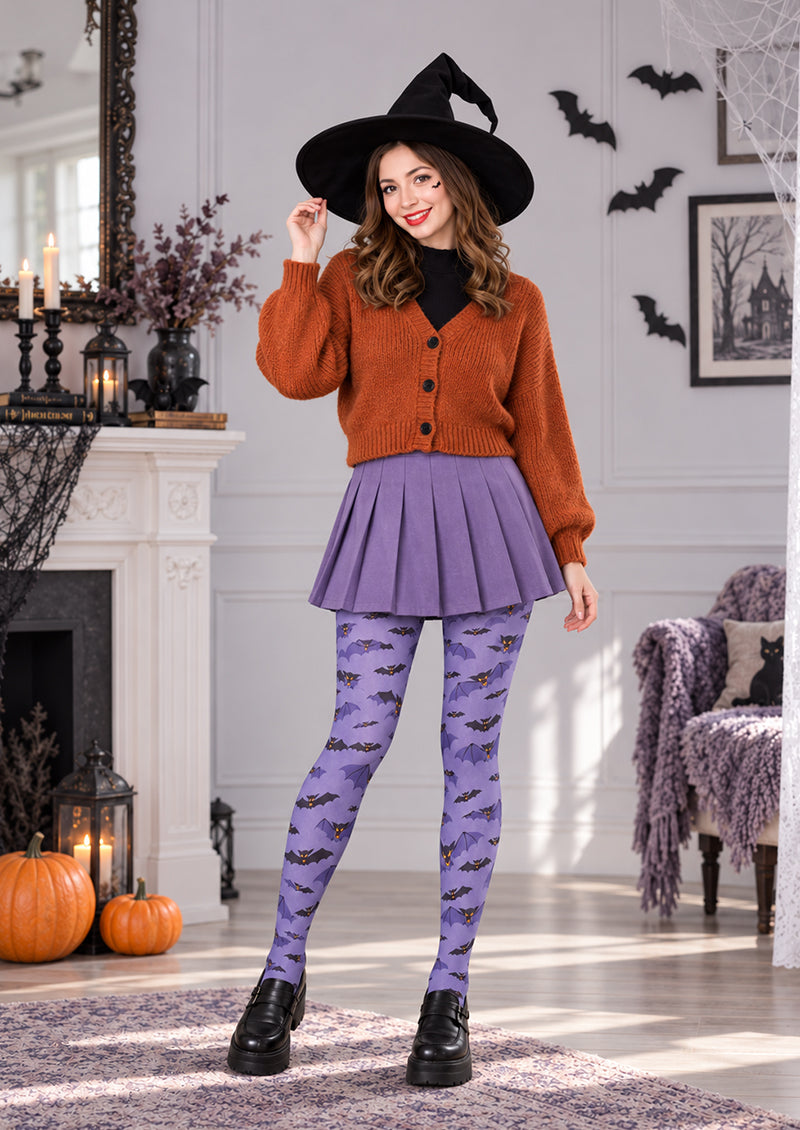 Purple Bat Print Tights Graphic Hosiery H69-10