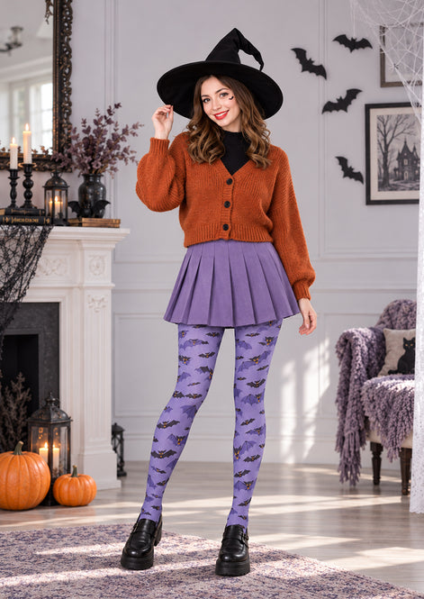 Purple Bat Print Tights Graphic Hosiery H69-10