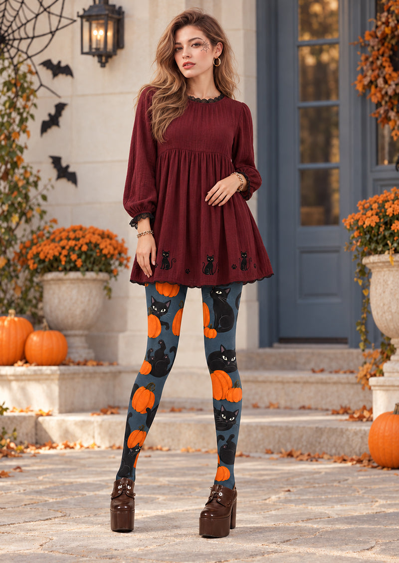 Black Cat Pumpkin Halloween Tights H69-19