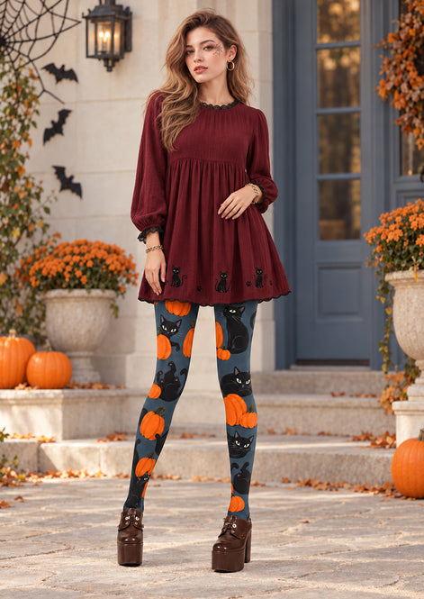Black Cat Pumpkin Halloween Tights H69-19