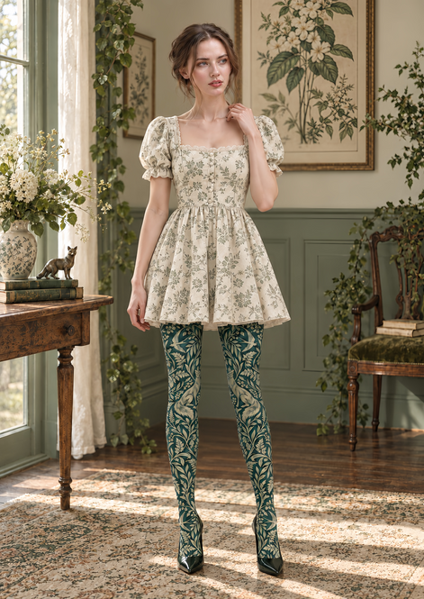Woodland Fox Floral Print Tights Hosiery Pantyhose H69-31