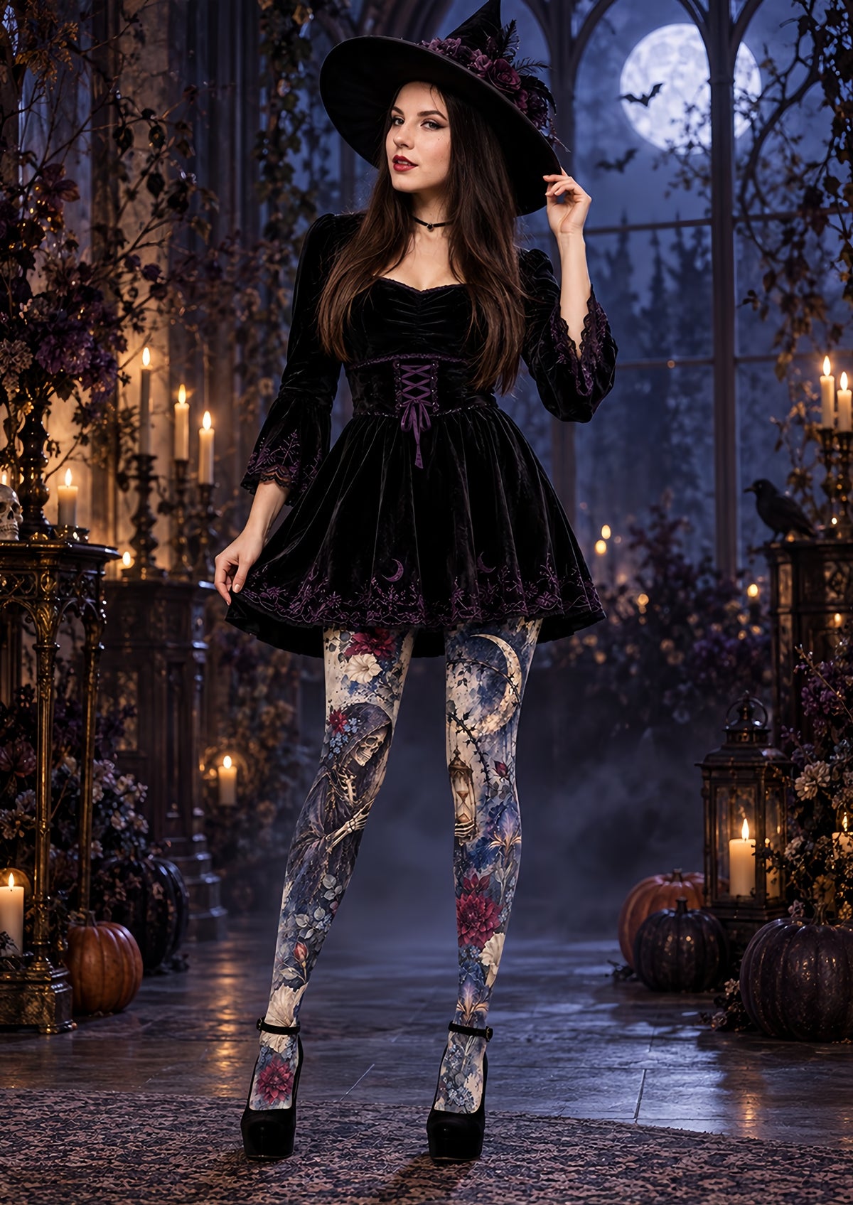 Dark Floral Skull Moon Tights Hosiery Pantyhose H69-37