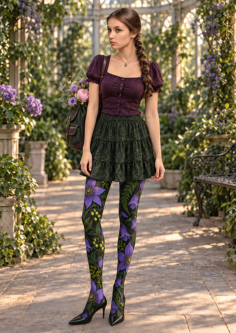 Purple Botanical Floral Tights Hosiery Pantyhose H69-38