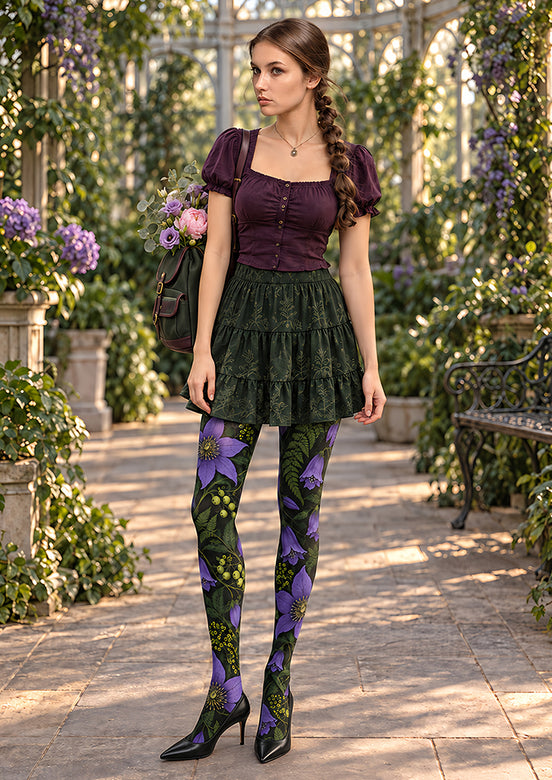 Purple Botanical Floral Tights Hosiery Pantyhose H69-38