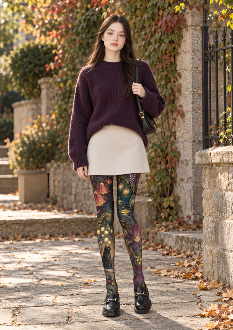 Dark Fantasy Cat Floral Tights Hosiery Pantyhose H69-40