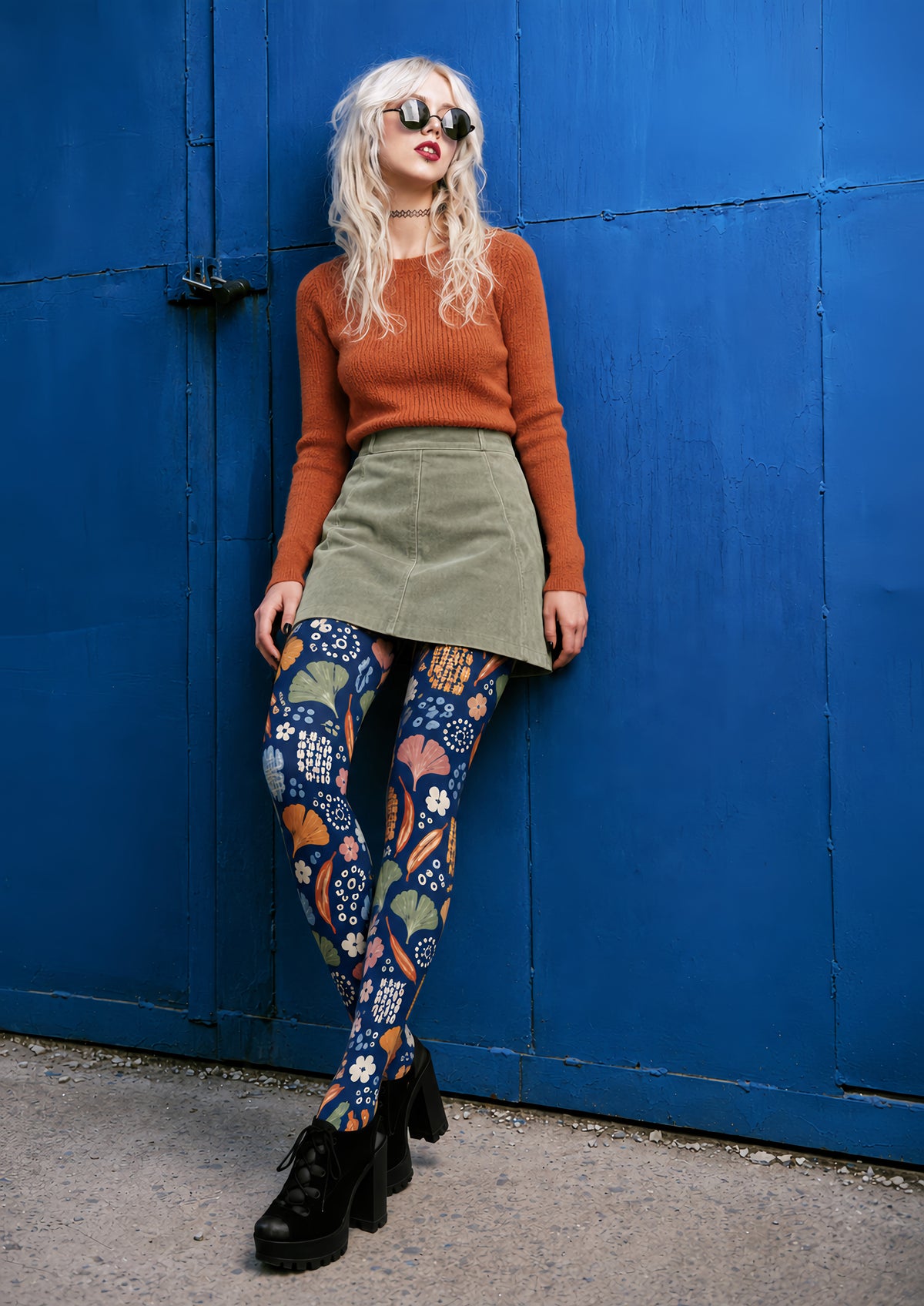 Ginkgo Leaf Floral Print Tights Hosiery Pantyhose H69-46