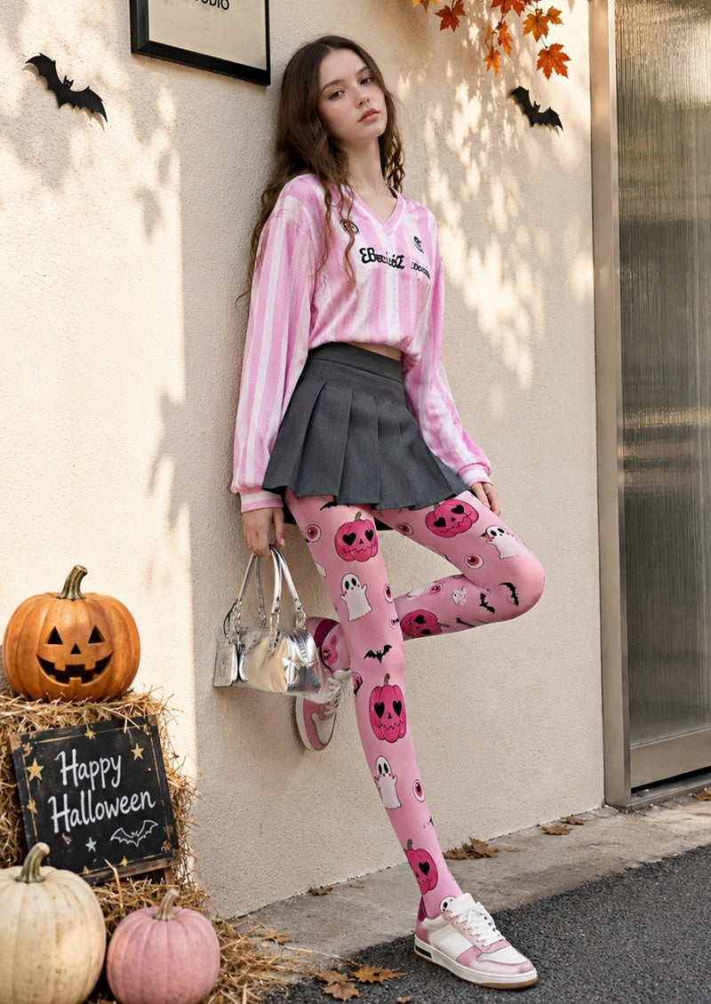 Pink Halloween Graphic Tights Pumpkin Ghost Print Z69-2