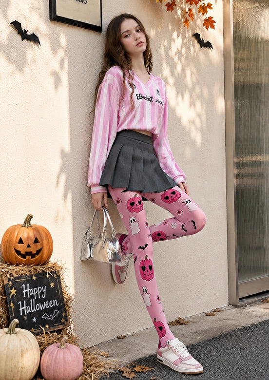 Pink Halloween Graphic Tights Pumpkin Ghost Print Z69-2