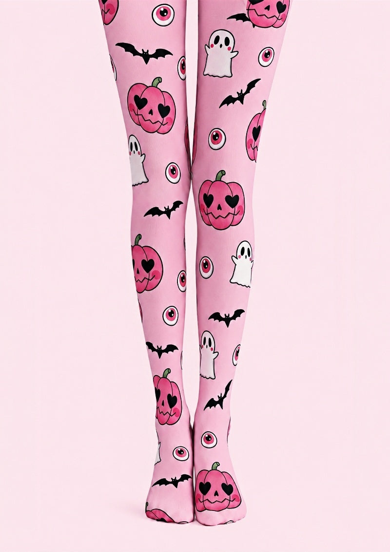 Pink Halloween Graphic Tights Pumpkin Ghost Print Z69-2