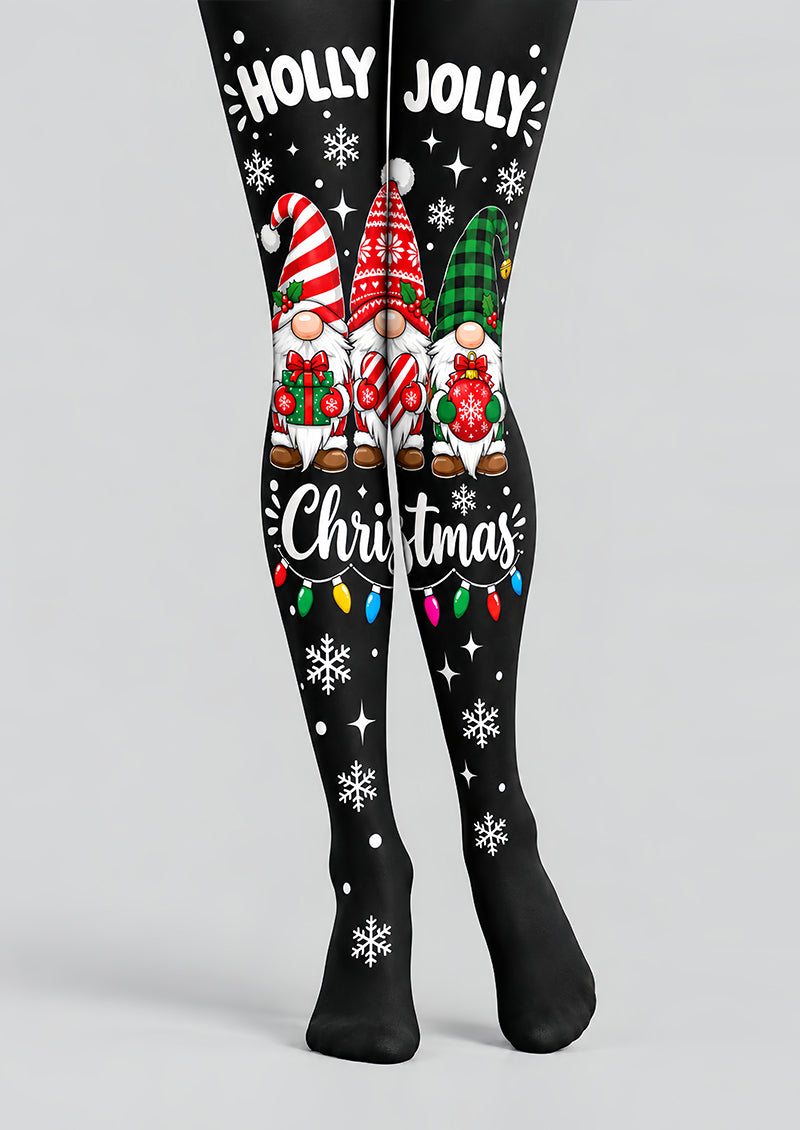 Holly Jolly Christmas Gnome Pattern Print Tights L610-13