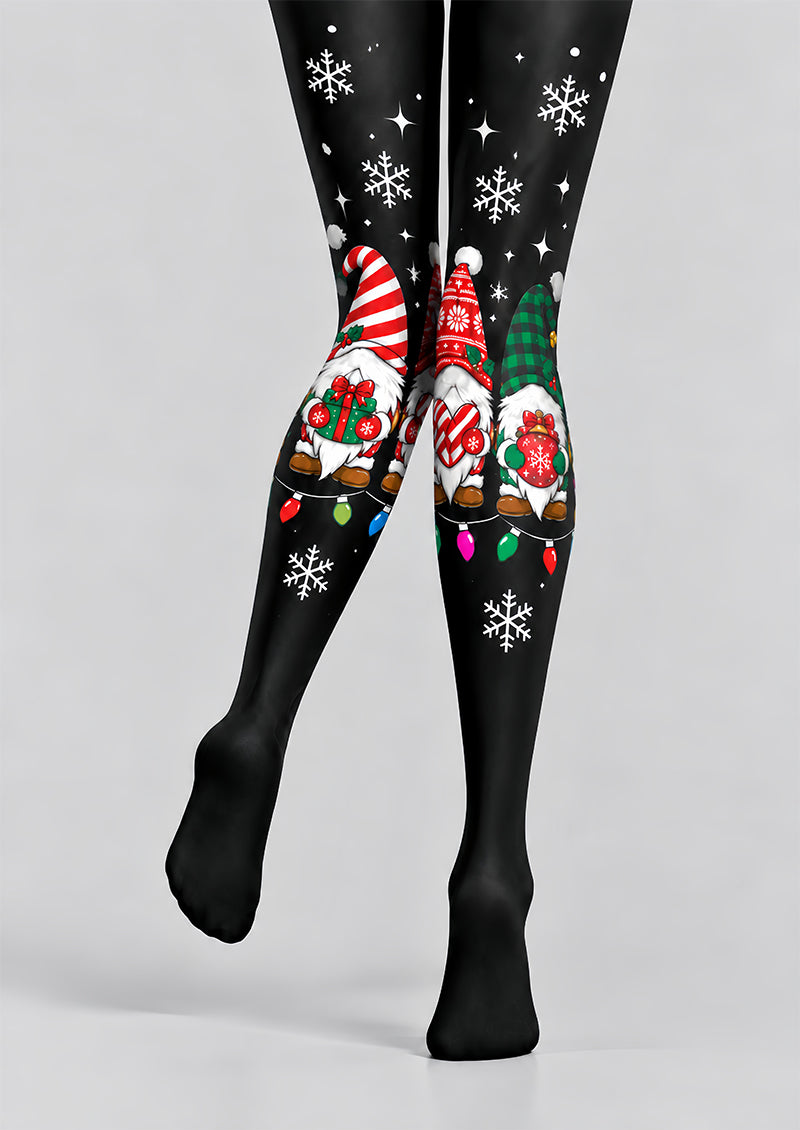 Holly Jolly Christmas Gnome Pattern Print Tights L610-13