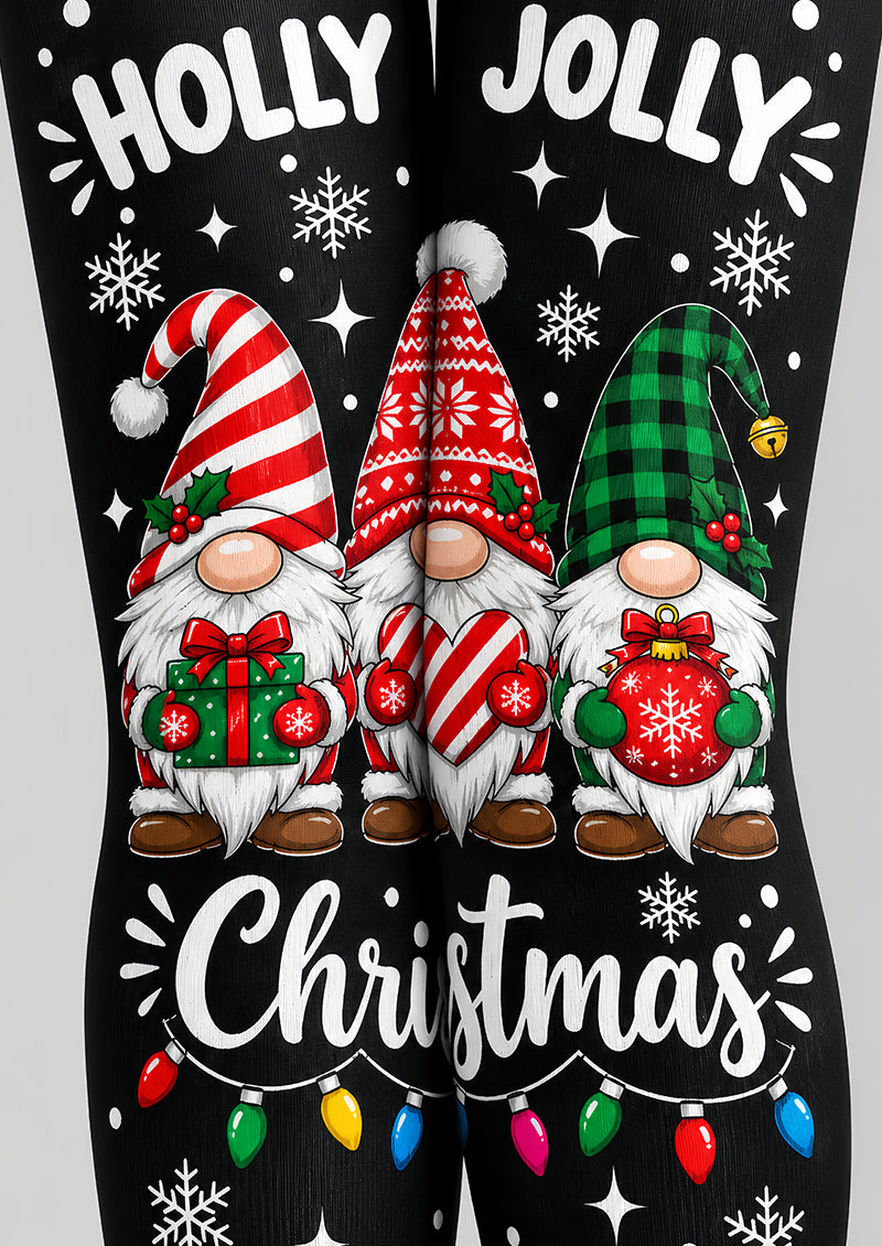 Holly Jolly Christmas Gnome Pattern Print Tights L610-13