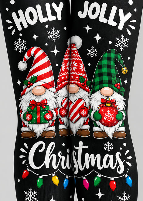 Holly Jolly Christmas Gnome Pattern Print Tights L610-13