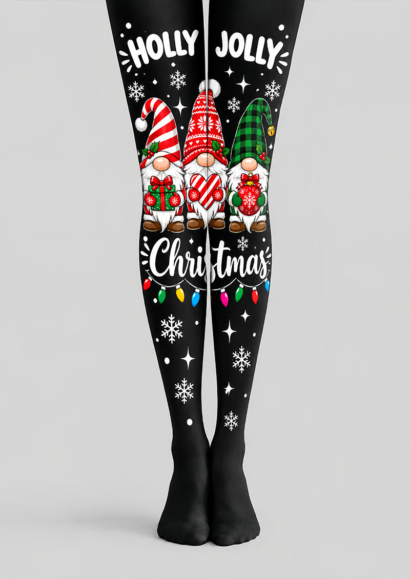 Holly Jolly Christmas Gnome Pattern Print Tights L610-13