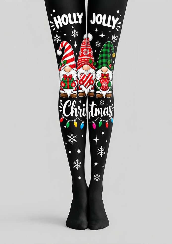 Holly Jolly Christmas Gnome Pattern Print Tights L610-13