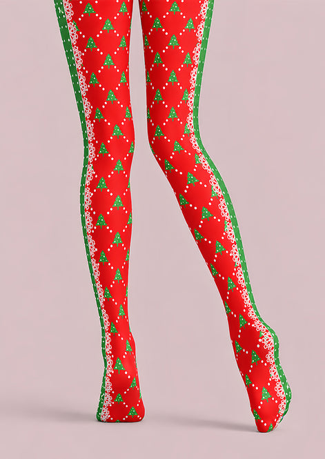Red Christmas Tree Diamond Print Tights Pantyhose L610-15