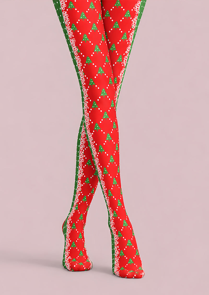 Red Christmas Tree Diamond Print Tights Pantyhose L610-15