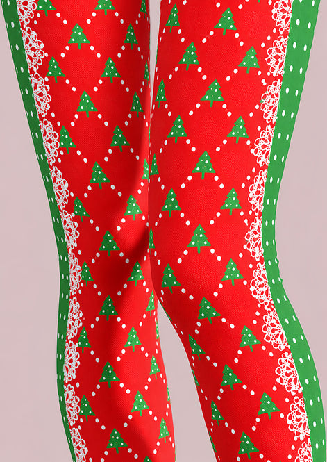 Red Christmas Tree Diamond Print Tights Pantyhose L610-15