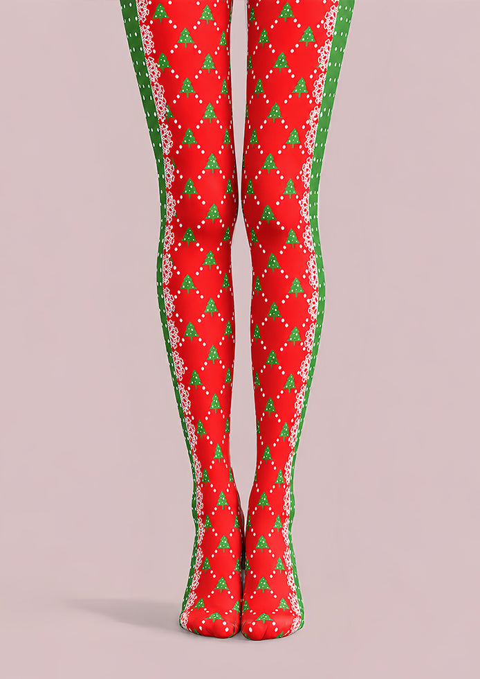 Red Christmas Tree Diamond Print Tights Pantyhose L610-15