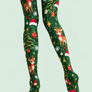 Green Christmas Reindeer Tree Graphic Print Tights L610-16