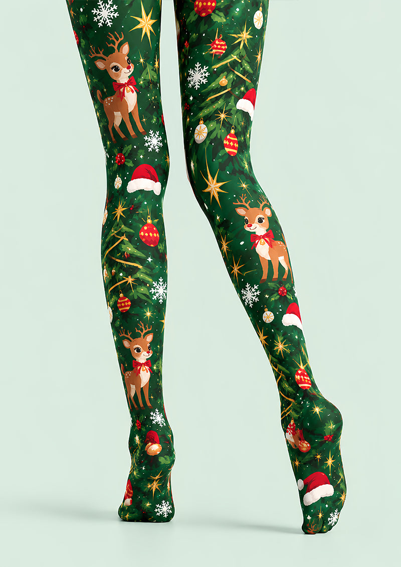 Green Christmas Reindeer Tree Graphic Print Tights L610-16