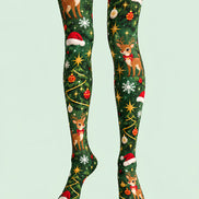 Green Christmas Reindeer Tree Graphic Print Tights L610-16