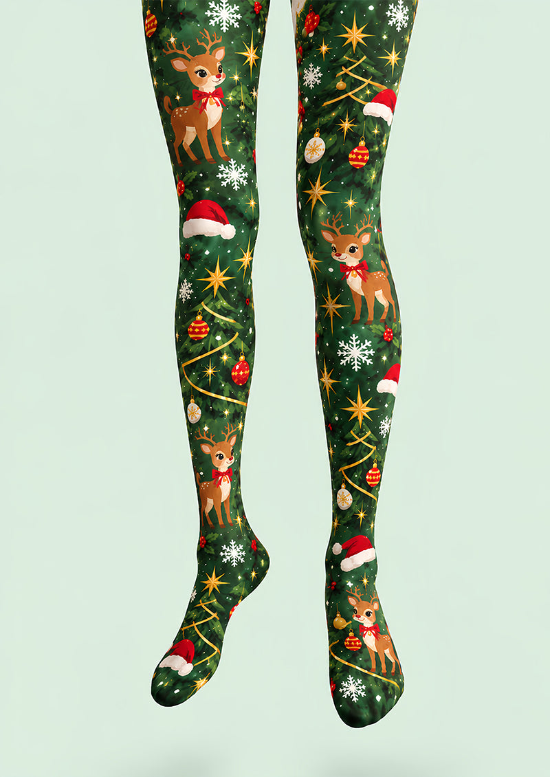 Green Christmas Reindeer Tree Graphic Print Tights L610-16