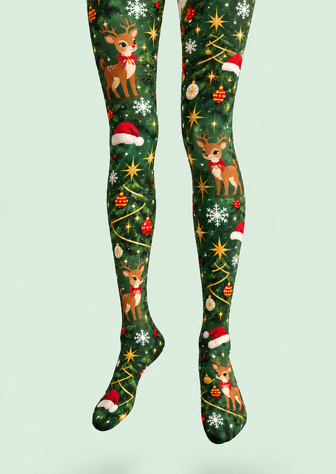 Green Christmas Reindeer Tree Graphic Print Tights L610-16