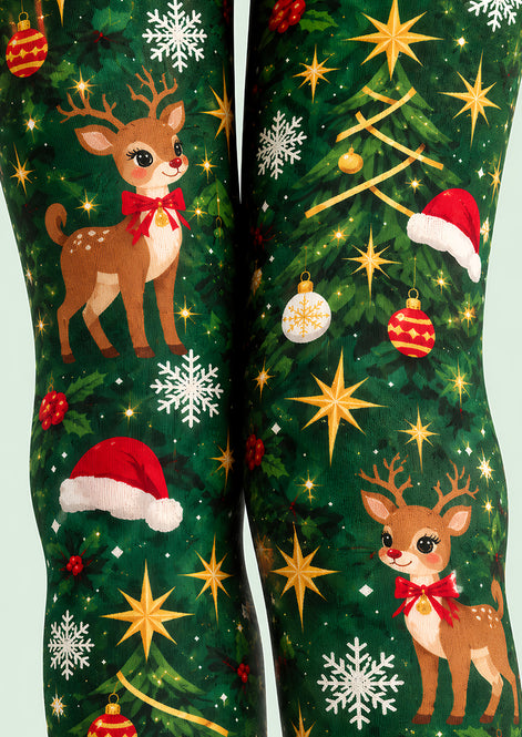 Green Christmas Reindeer Tree Graphic Print Tights L610-16