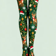 Green Christmas Reindeer Tree Graphic Print Tights L610-16