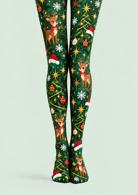 Green Christmas Reindeer Tree Graphic Print Tights L610-16
