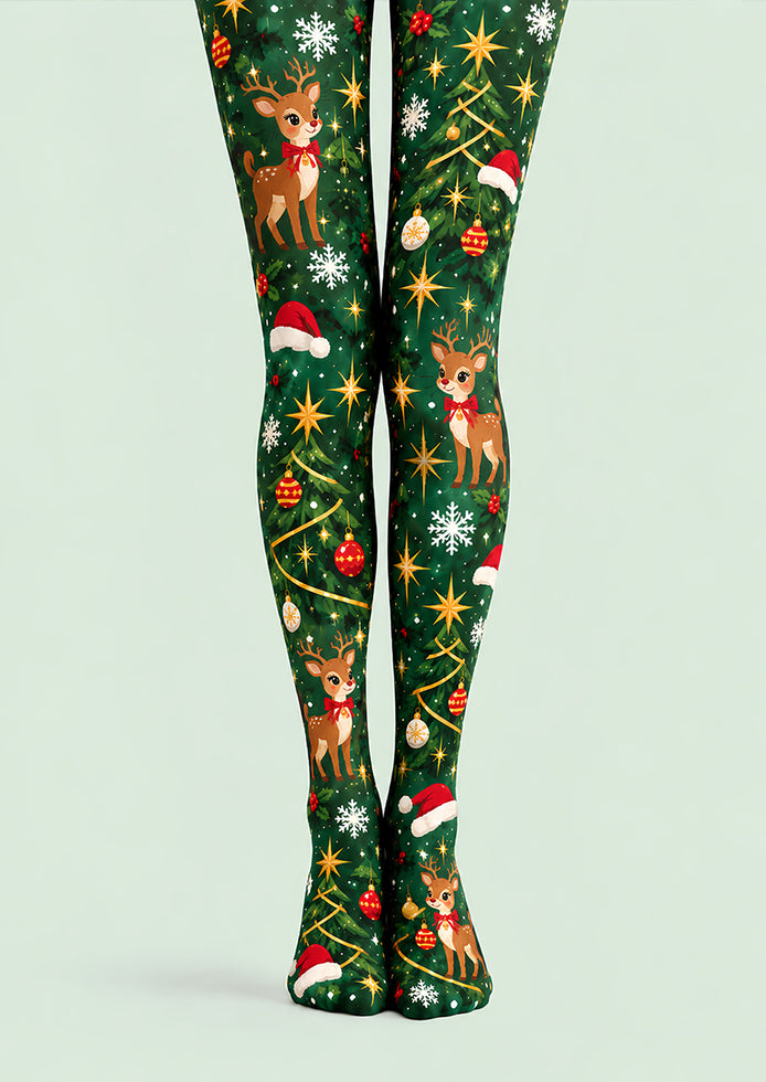 Green Christmas Reindeer Tree Graphic Print Tights L610-16