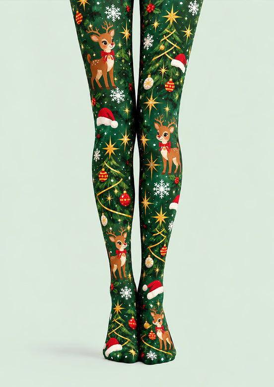 Green Christmas Reindeer Tree Graphic Print Tights L610-16
