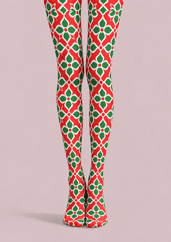 Red Green Floral Geometric Print Tights L610-18