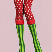 Festive Red Green Polka Dot Mixed Striped Tights L610-19