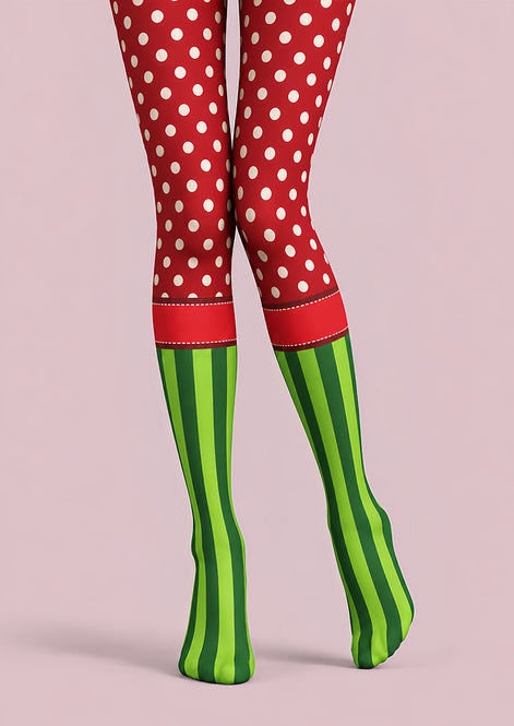 Festive Red Green Polka Dot Mixed Striped Tights L610-19