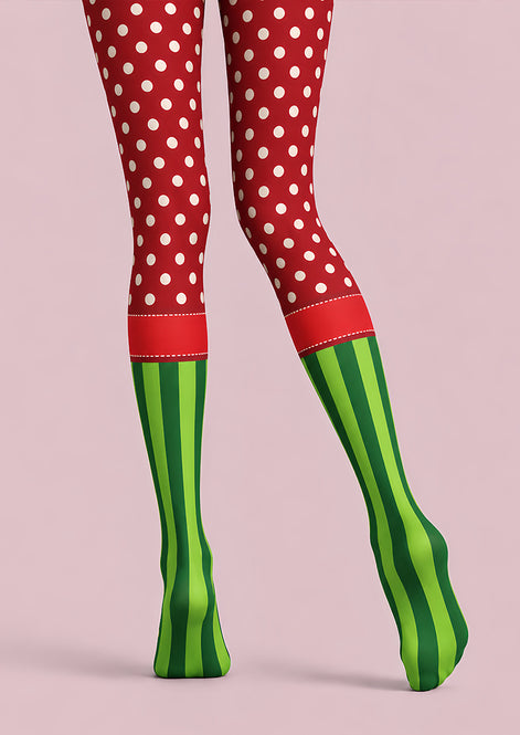 Festive Red Green Polka Dot Mixed Striped Tights L610-19