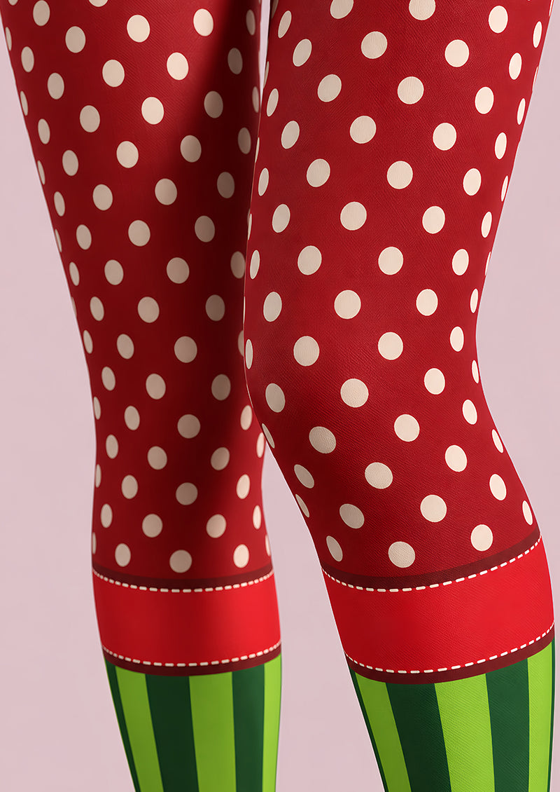 Festive Red Green Polka Dot Mixed Striped Tights L610-19