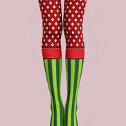 Festive Red Green Polka Dot Mixed Striped Tights L610-19