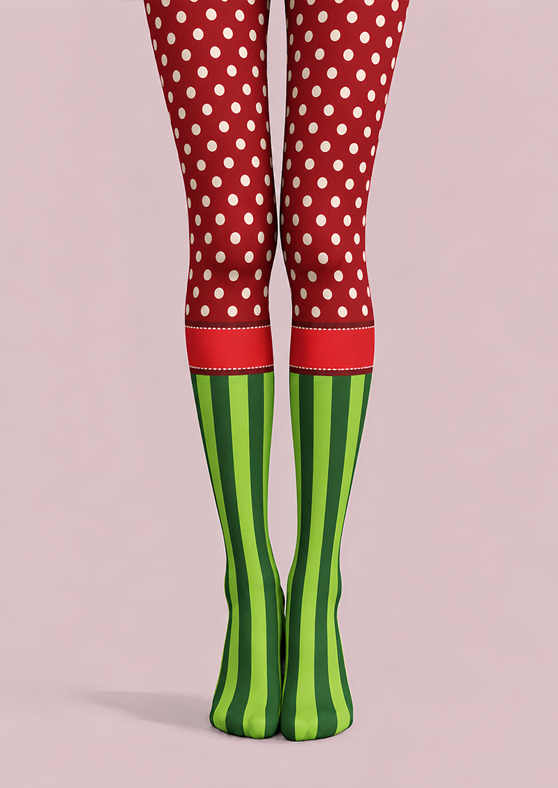 Festive Red Green Polka Dot Mixed Striped Tights L610-19