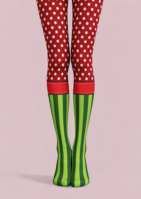 Festive Red Green Polka Dot Mixed Striped Tights L610-19