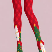 Red Argyle Christmas Tree Print Festive Tights L610-20