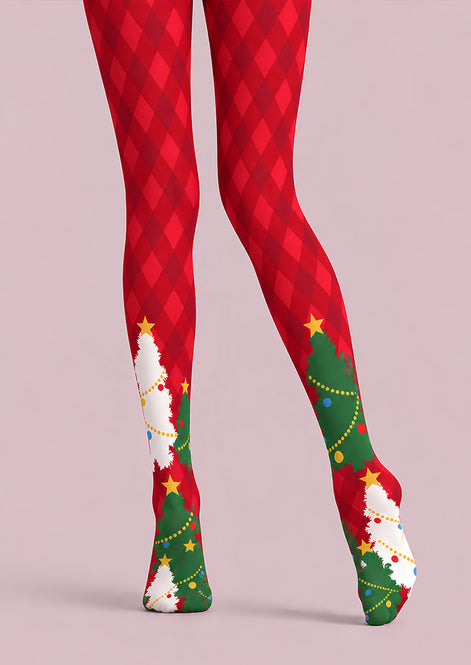 Red Argyle Christmas Tree Print Festive Tights L610-20